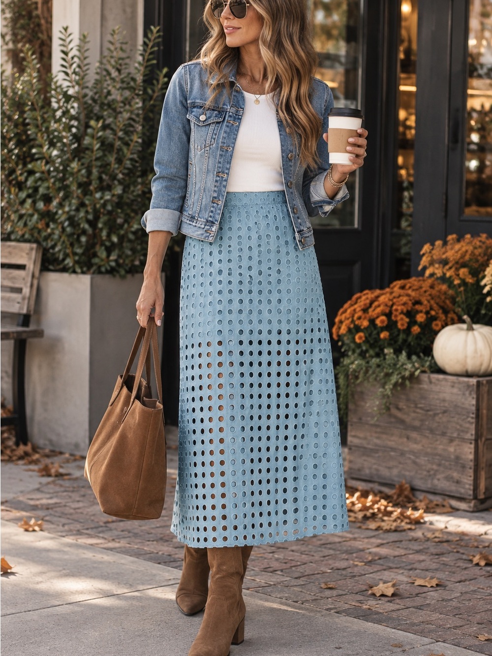 Fiona Jolin Dusty Blue Eyelet Maxi Skirt High Rise Boho L